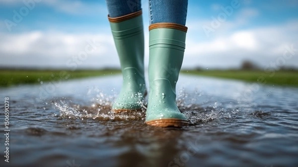 Obraz Walking in rubber boots through puddles on a rainy day.