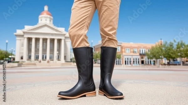 Obraz Person in rubber boots stands in front of a historic building.