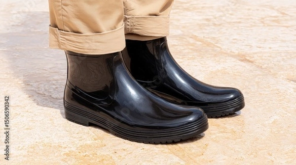 Obraz Black rubber boots standing on wet ground with rolled-up pants.