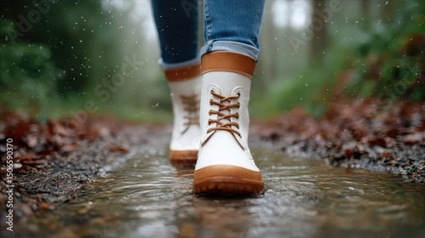 Obraz Walking in rain with stylish waterproof boots on a muddy path.