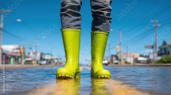 Obraz Bright green boots standing in a flooded street under a clear blue sky.