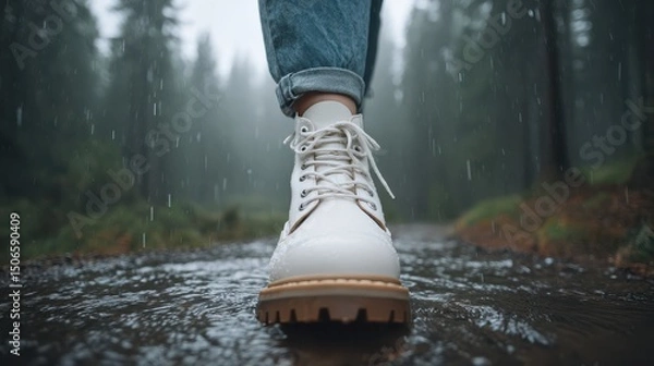 Obraz Walking in the rain with stylish boots on a forest trail.