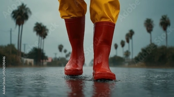 Obraz Rainy day walk in red boots among palm trees.
