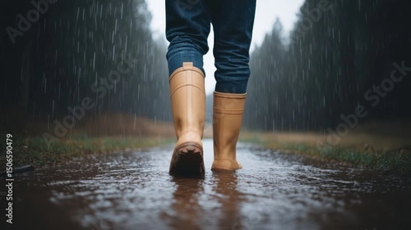 Obraz Walking in rain with yellow boots on a muddy path surrounded by trees.