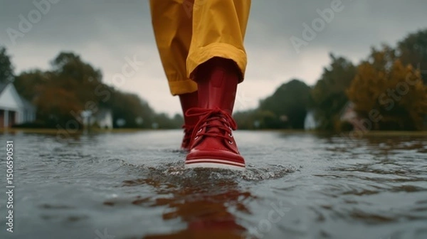 Obraz Person walking through flooded street in red boots.