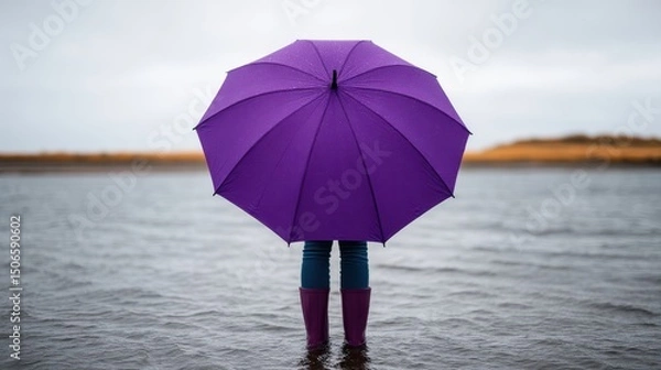 Obraz Person standing in water with a purple umbrella, wearing rubber boots.
