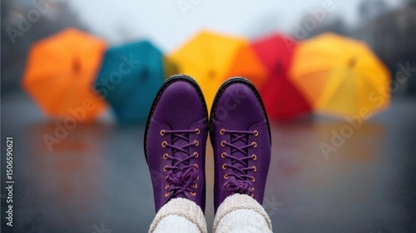 Obraz Colorful umbrellas backdrop with purple shoes in focus on a rainy day.
