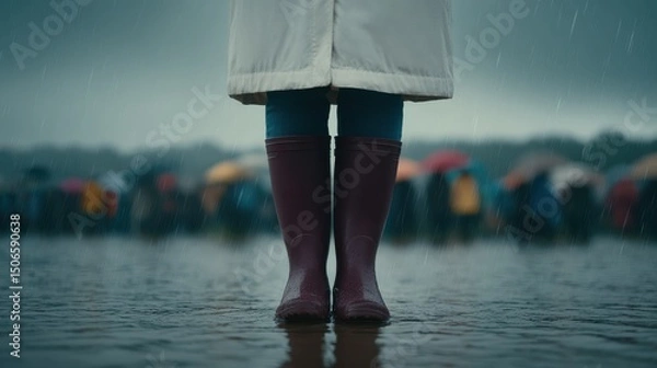 Obraz Standing in rain with boots amidst a crowd under umbrellas.