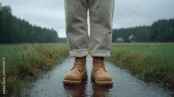 Obraz Person standing in boots on a wet path in a grassy field.