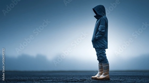 Obraz A solitary figure in a hooded coat stands against a foggy background.