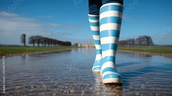 Obraz Walking in blue and white striped rain boots through shallow water.