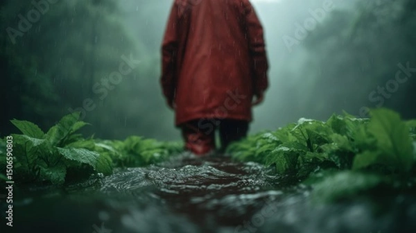 Obraz A figure in a red coat stands in a lush, rain-soaked landscape.