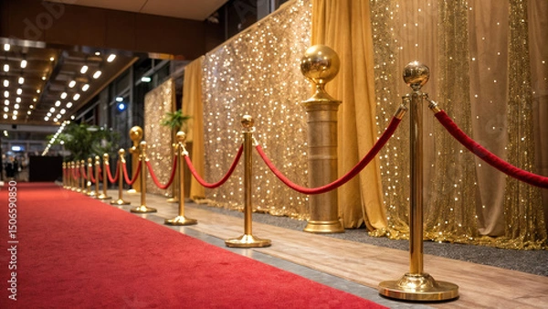 Fototapeta depicts a red carpet event setup with gold rope barriers, a gold ball on a pedestal, and a backdrop of glittering golden curtains.