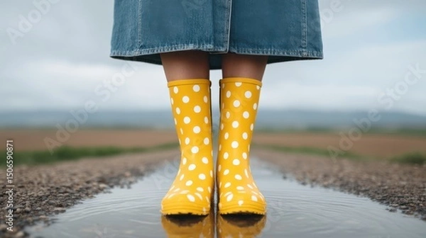 Obraz Bright yellow polka-dot rain boots standing in a puddle.