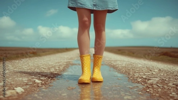 Obraz Person in yellow boots standing on a rural road by a puddle.