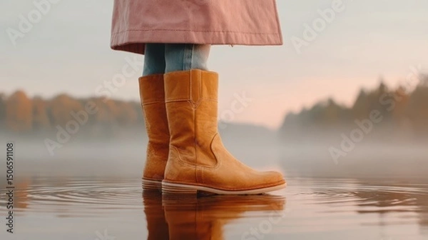 Obraz Person standing in water wearing stylish boots at sunset.