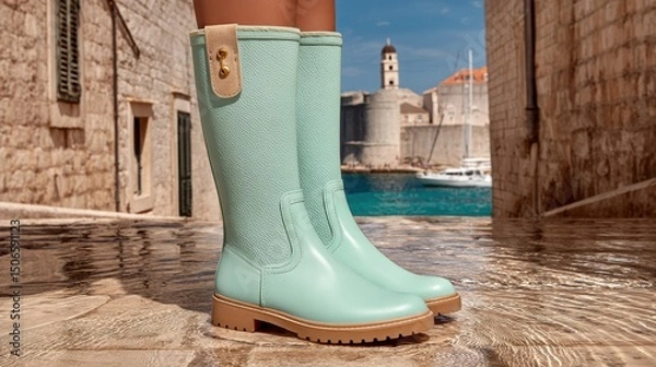 Obraz Stylish green boots on a cobblestone street by the water.