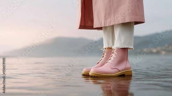 Obraz Stylish pink boots in shallow water with a serene landscape background.