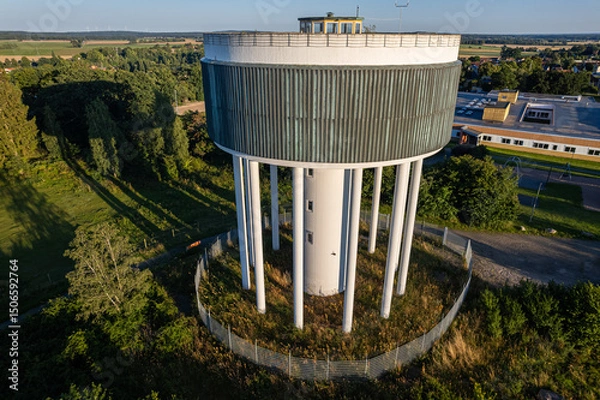 Fototapeta Water tower with columns and unique design, drone view