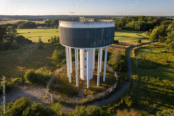 Fototapeta Water tower with columns and unique design, drone view