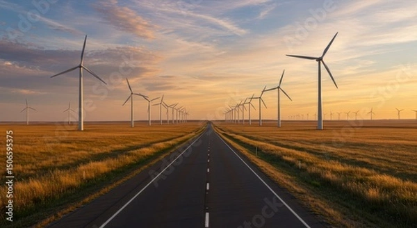 Obraz Empty road through a field of wind turbines at sunset
