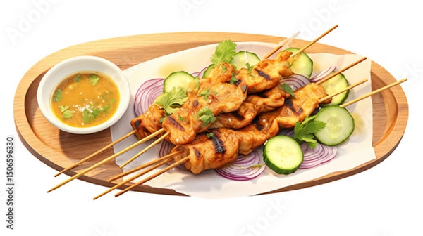 Obraz Delicious Grilled Chicken Satay Skewers served with peanut sauce cucumbers and red onions a perfect Asian cuisine dish