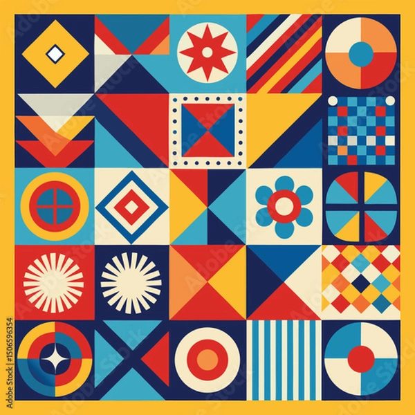 Fototapeta Geometric pattern vector background with Scandinavian abstract color or Swiss geometry prints of rectangles, squares and circles shape design
