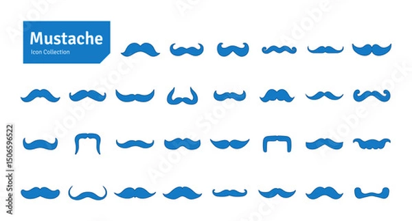 Obraz Mustache Blue Vector Set. Barbershop and Haircut Graphic Collection. Vector Set of Dress Up Constructor. Hipster Men Style Creation Kit Elements.