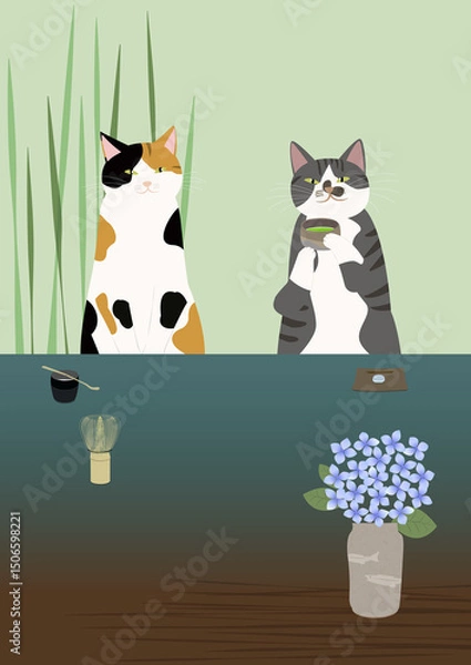 Obraz 抹茶　茶の湯を楽しむ猫