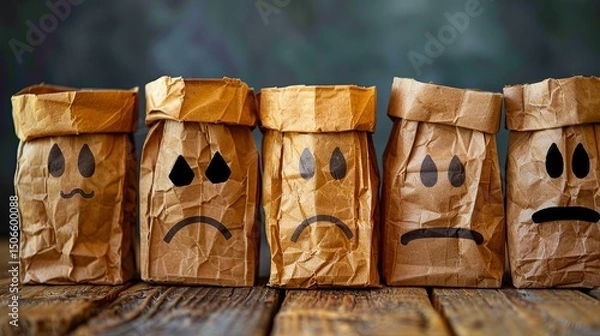 Obraz Five crumpled paper bags showing different negative emotions
