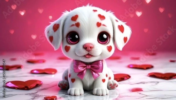 Fototapeta A puppy with a white coat covered with heart-shaped spots. 