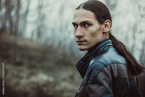 Obraz A guy with long hair and a leather jacket