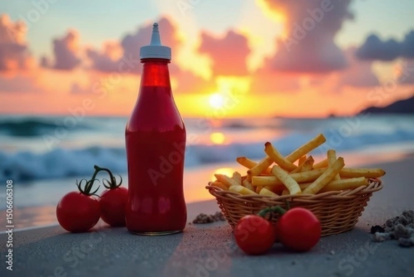 Fototapeta Sunset beach snack crispy fried potatoes in a wicker basket, ripe red tomatoes, and a bottle of rich tomato condiment