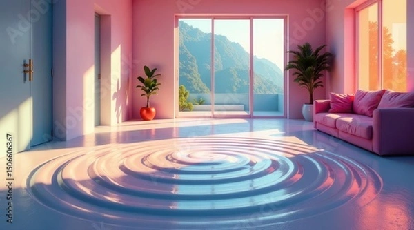 Fototapeta Serene Minimalist Living Room with Pink Walls, a Ripple-Effect Floor, and Mountain Views
