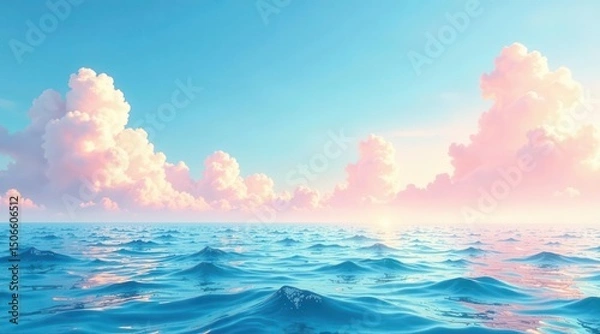 Fototapeta Serene Ocean Meets Pastel Sky A Dreamlike Seascape of Tranquil Waters and Softly Lit Clouds