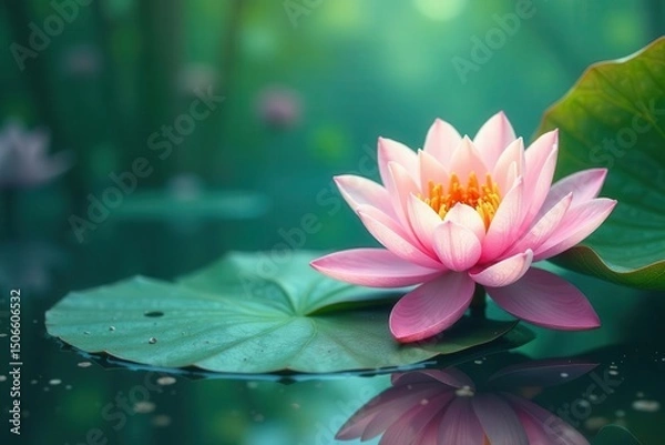 Fototapeta A Serene Pink Water Lily Floating Gracefully on a Lush Green Pad, Reflected in Still Water, Creates a Tranquil and Peaceful Scene