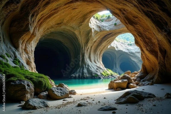 Fototapeta Enigmatic Cave System with Serene Hidden Lagoon and Lush Vegetation