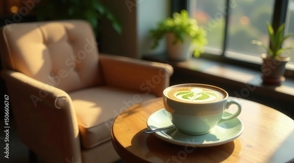 Fototapeta Aromatic Coffee in a Cozy Cafe Setting with Sunlight Streaming Through a Window