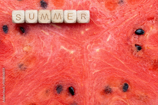 Obraz Summer text on vibrant watermelon background with juicy texture and seeds. Copy space