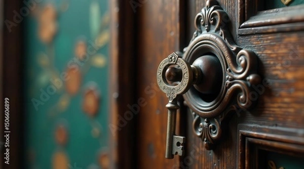 Fototapeta Antique Key in Ornate Door Lock, a Symbol of Mystery and Access to Hidden Treasures