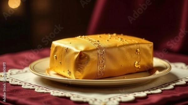 Fototapeta Luxurious Golden Gift Wrapped in Elegant Fabric, Resting on a Delicate Plate