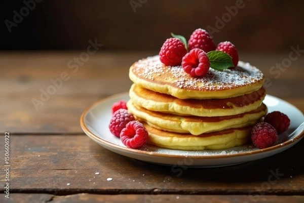 Fototapeta A delightful stack of fluffy pancakes, delicately dusted with powdered sugar, adorned with fresh raspberries and a sprig of mint, rests on a rustic wooden table.