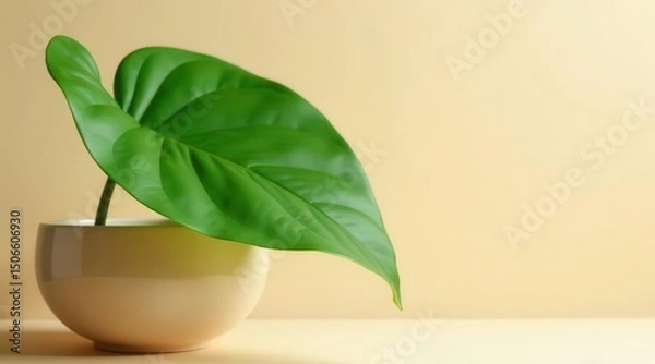 Fototapeta Single vibrant green leaf in a simple cream bowl against a pale yellow backdrop
