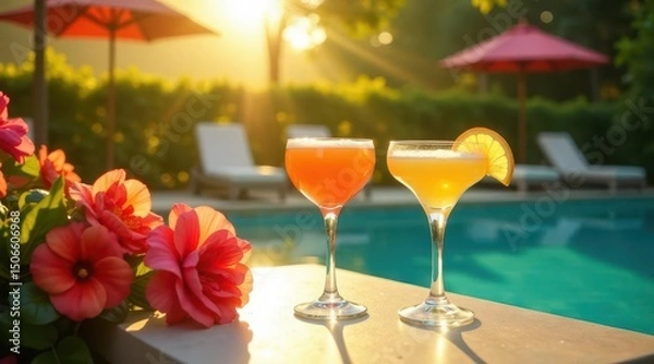 Fototapeta Two refreshing cocktails by the pool at sunset, illuminated by golden hour sunlight, near vibrant flowers