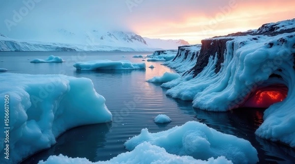 Fototapeta A Serene Winter Landscape Featuring a Glowing Cave of Fire Hidden Beneath a Frozen Waterfall into a Calm Body of Water