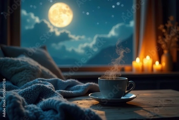 Fototapeta A Serene Nighttime Moment Warmth, Comfort, and Tranquility Embraced by a Cozy Blanket, a Steaming Mug, and the Gentle Glow of Candles Under a Full Moon