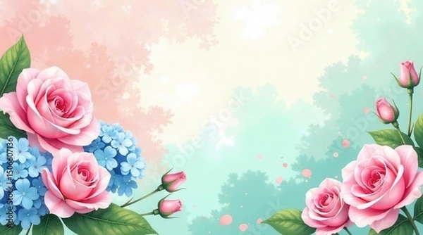 Fototapeta Delicate Pink Roses and Blue Hydrangeas in a Soft, Dreamy Garden Setting