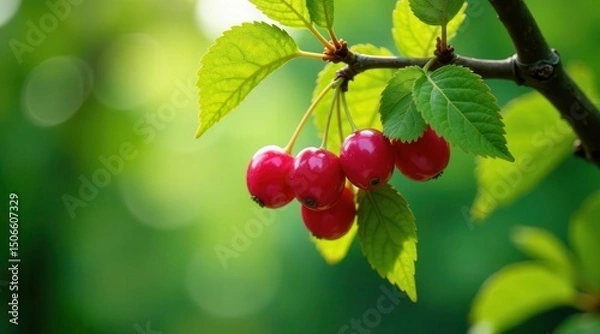 Fototapeta Vibrant Red Berries Hanging from a Lush Green Branch in Sunny Sunlight, a Delightful Display of Nature's Beauty