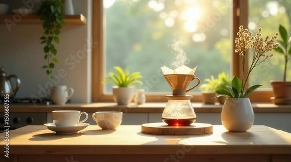 Fototapeta Morning sunlight illuminates a kitchen table setting with freshly brewed coffee, two ceramic mugs, and potted plants, creating a peaceful and inviting atmosphere
