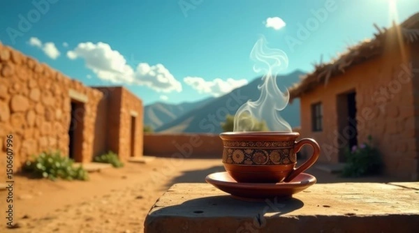 Fototapeta Aromatic Steam Rising from a Rustic Cup of Brew in a Sun-Drenched Village Setting